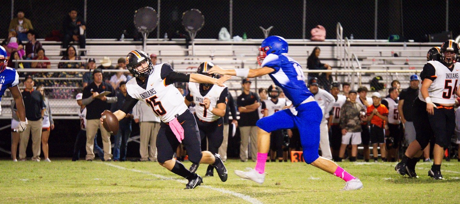 Ethan Presley of Quitman gets a sack of the Grand Saline quarterback in Friday’s district match up with the neighbors to the west.
